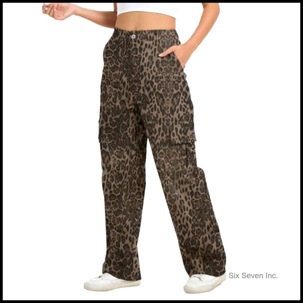 High Waist Wide Leg Cargo Pants Stretchy Pull On Baggy Casual - Picture 4 of 6